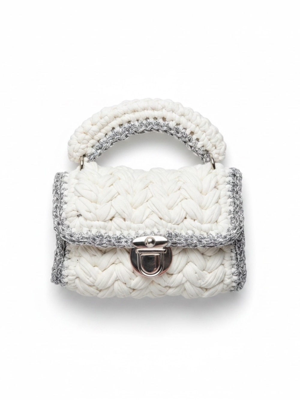 White Crochet Mini Top-Handle Bag with Silver Trim